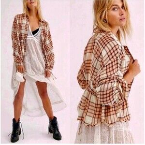 We the Free People Pacific Dawn Plaid Top Size M Boho Snap‎ Front Raw Hem